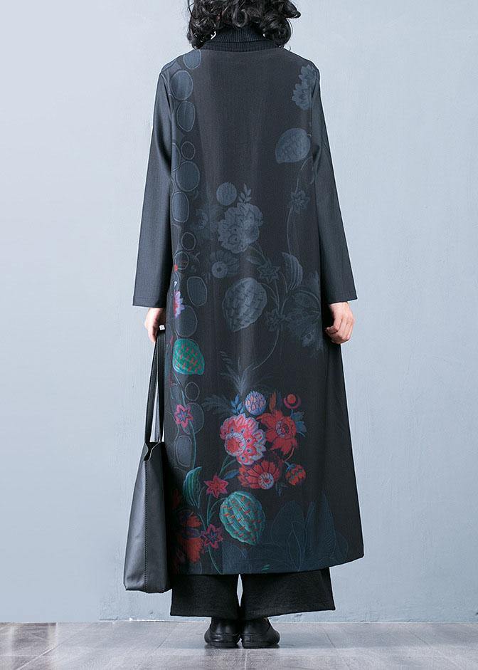 Fine black prints overcoat trendy plus size long jackets fall trench coats Chinese Button