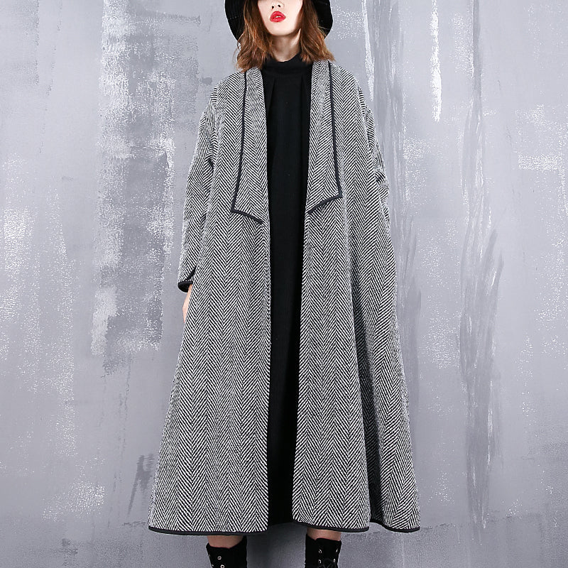 Fine black striped Coats casual turn-down Collar outwear fine pockets long coats