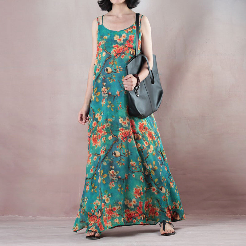 Fine blue summer maxi dress o neck Spaghetti Strap cocktail dress a line skirts floral maxi dresses