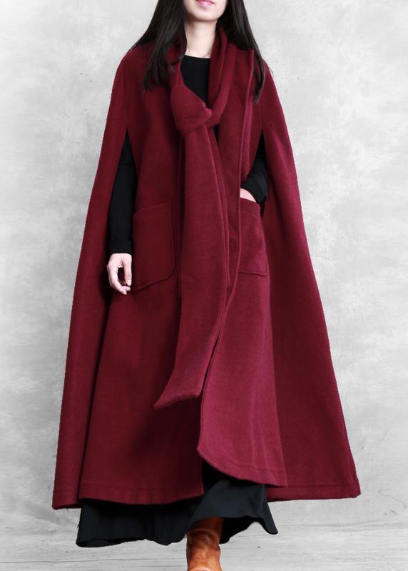 Fine burgundy Woolen Coat Women oversize Winter coat Batwing Sleeve large hem