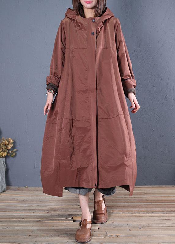 Fine casual long fall brown hooded zippered overcoat