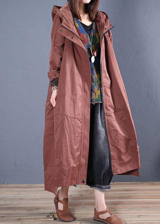 Fine casual long fall brown hooded zippered overcoat