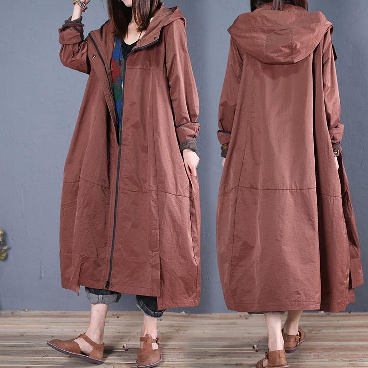 Fine casual long fall brown hooded zippered overcoat