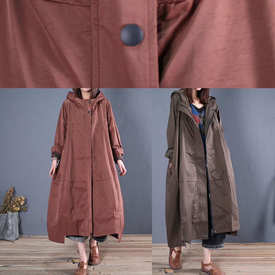 Fine casual long fall brown hooded zippered overcoat