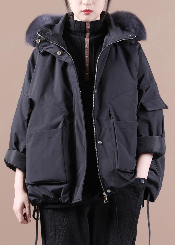 Fine plus size down jacket overcoat black hooded fur collar goose Down coat