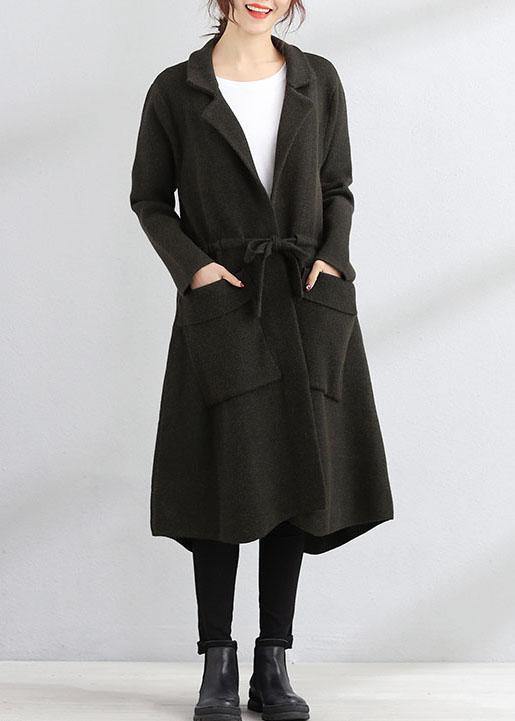 Fine plus size fall coat army green Square Collar tie waist Woolen Coats