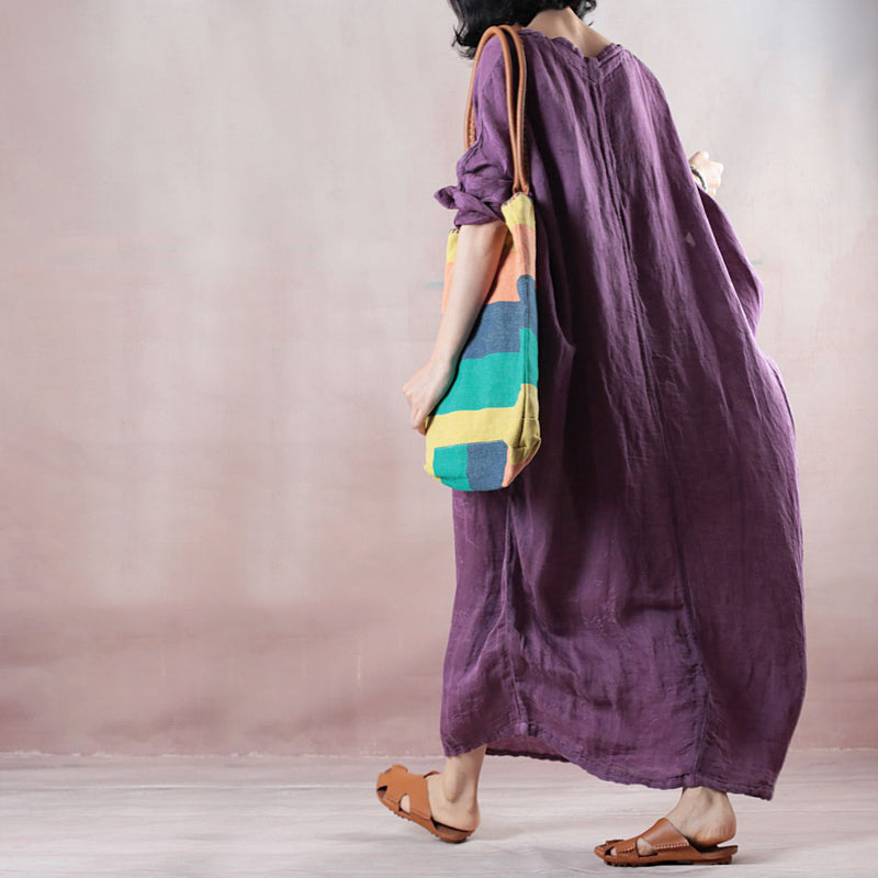 Fine purple long linen dresses oversize o neck asymmetrical design traveling clothing casual long sleeve baggy dresses