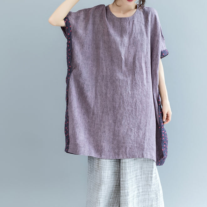 Fine purple pure linen tops Loose fitting casual cardigans boutique batwing sleeve O neck patchwork cotton clothing