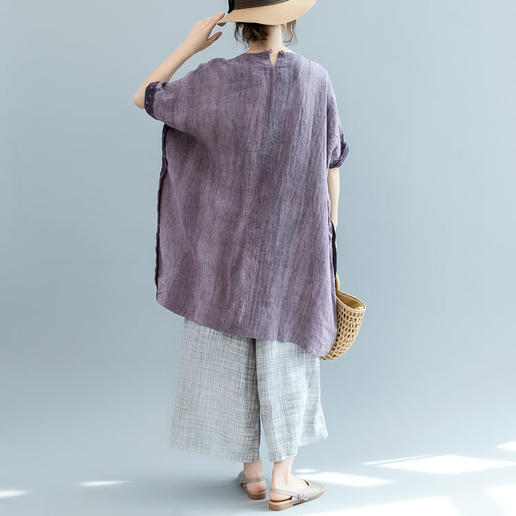 Fine purple pure linen tops Loose fitting casual cardigans boutique batwing sleeve O neck patchwork cotton clothing