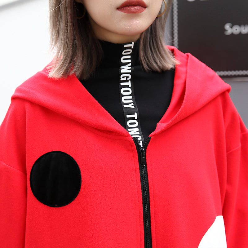 Fine red dotted Coat oversize hooded outwear Fashion side open baggy long coats