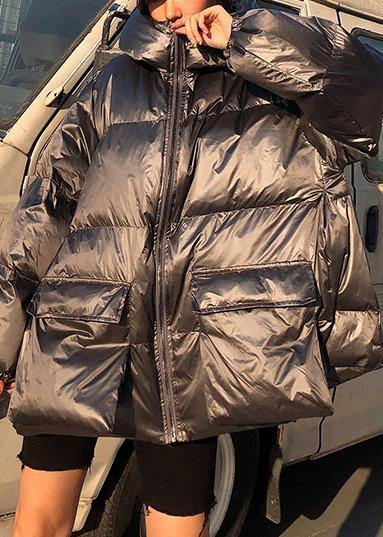 Fine silver gray down coat winter plus size womens parka hooded zippered Fine winter outwear