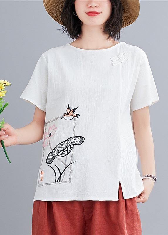 Fitted  White Embroideried Lotus Blouse Tops Summer Cotton Linen