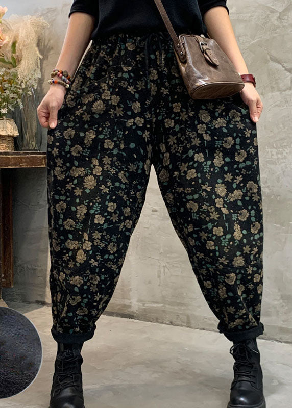 Fitted Black Fleece Lined Floral denim Pants Winter