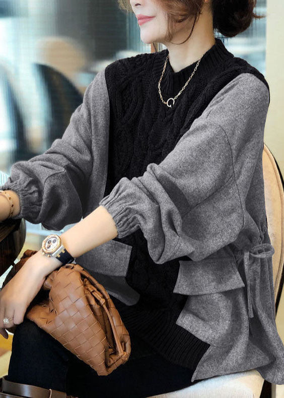 Fitted Black O-Neck Knit Patchwork Loose Fall Sweater