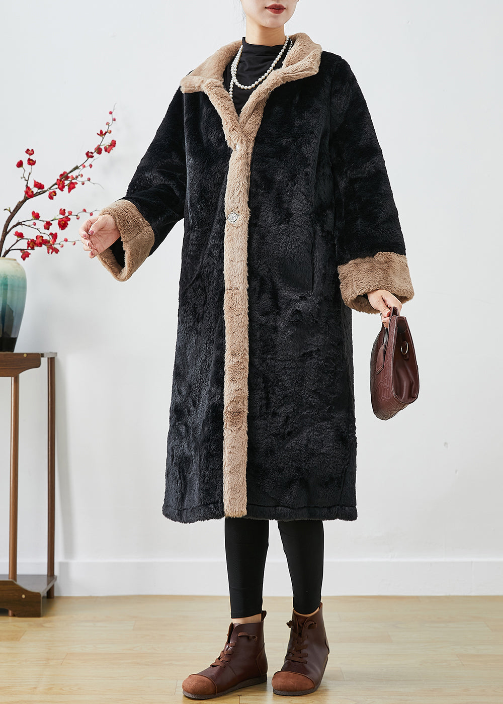 Fitted Black Oversized Patchwork Thick Fuzzy Fur Fluffy Jacket Fall