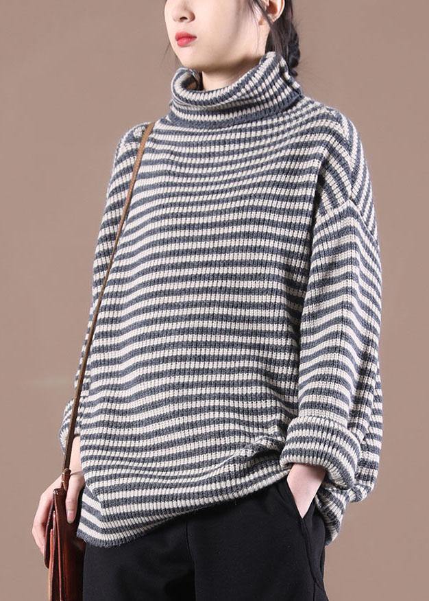 Fitted Black Striped Turtleneck Fall Knit Sweater