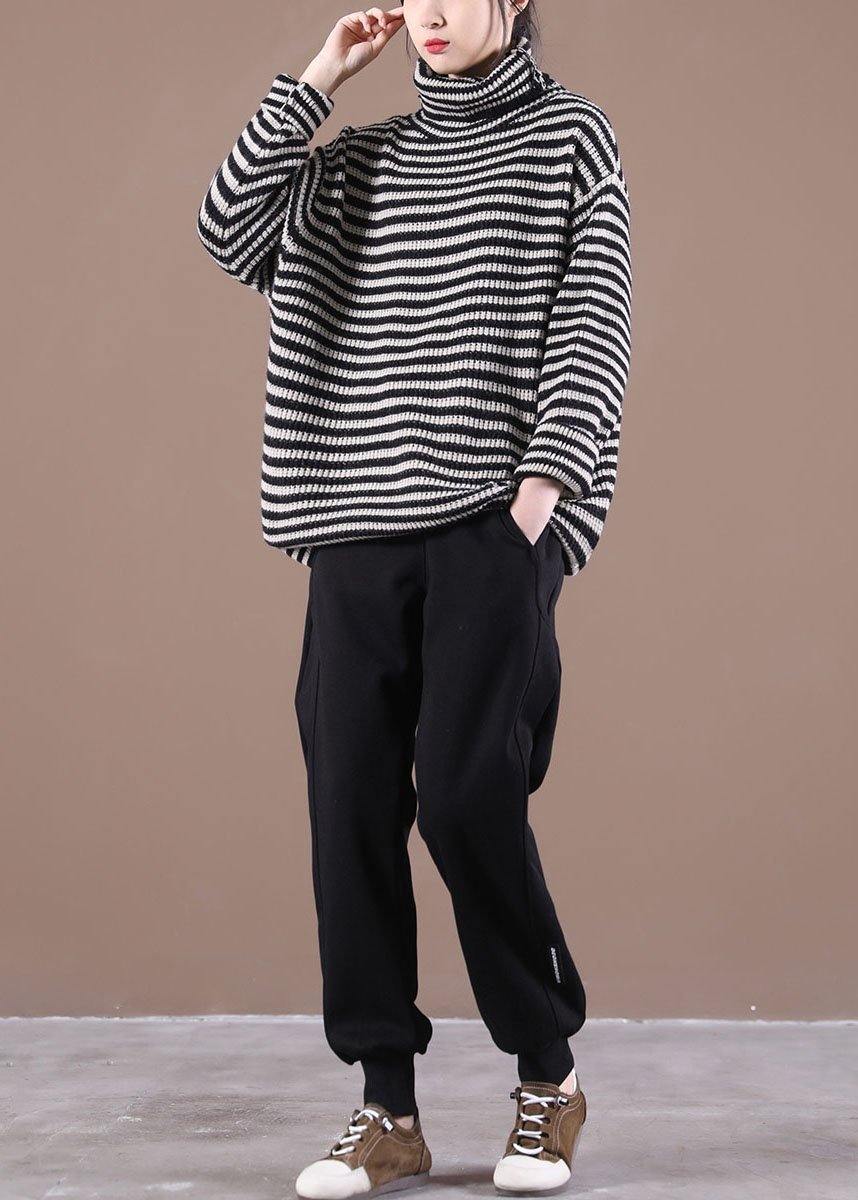 Fitted Black Striped Turtleneck Fall Knit Sweater