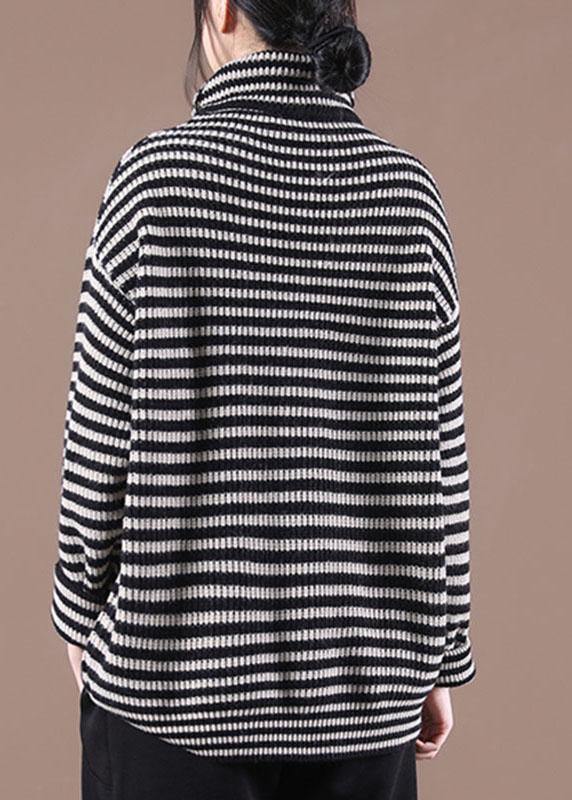 Fitted Black Striped Turtleneck Fall Knit Sweater