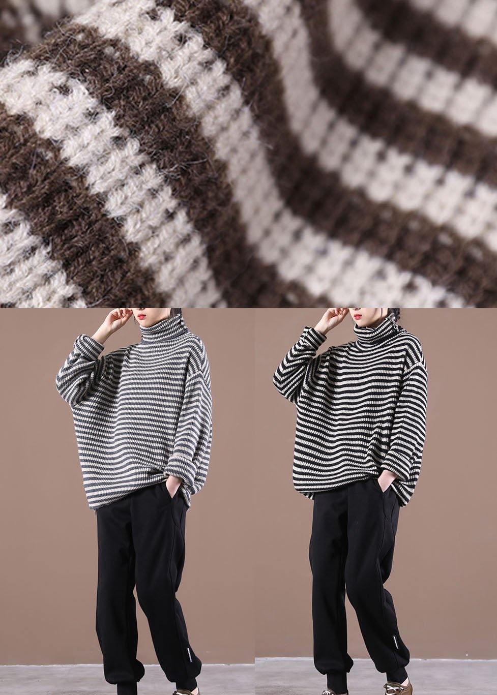 Fitted Black Striped Turtleneck Fall Knit Sweater