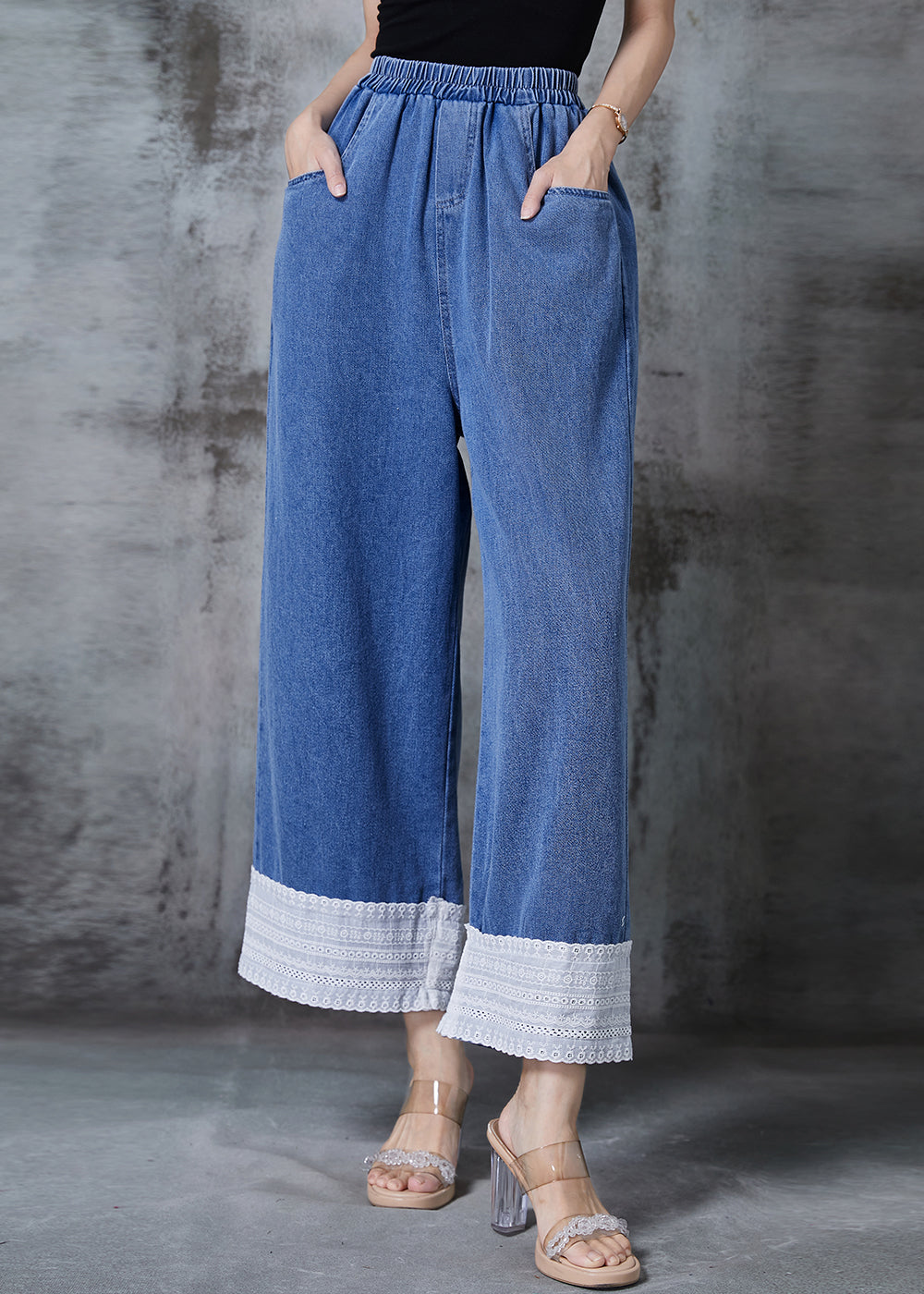 Fitted Blue Elastic Waist Patchwork Denim Wide Leg Pants Spring