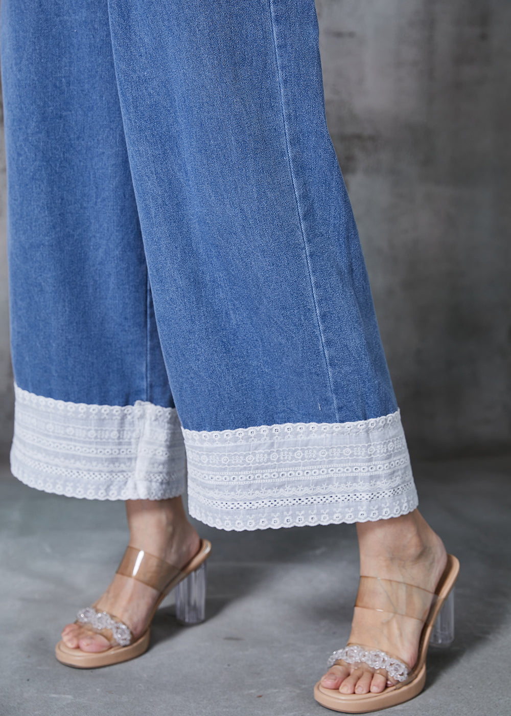 Fitted Blue Elastic Waist Patchwork Denim Wide Leg Pants Spring