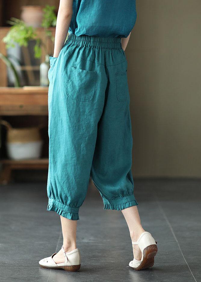 Fitted Green Elastic Waist Pockets Harem Pants Linen