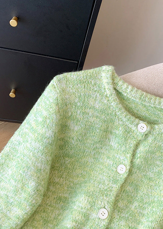 Fitted Green O-Neck Button Cozy Cotton Knit Cardigan Spring