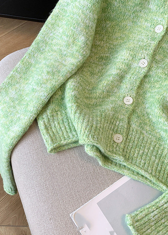 Fitted Green O-Neck Button Cozy Cotton Knit Cardigan Spring