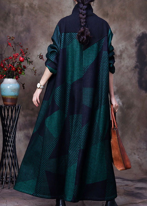 Fitted Green Patchwork Woolen Coats Winter