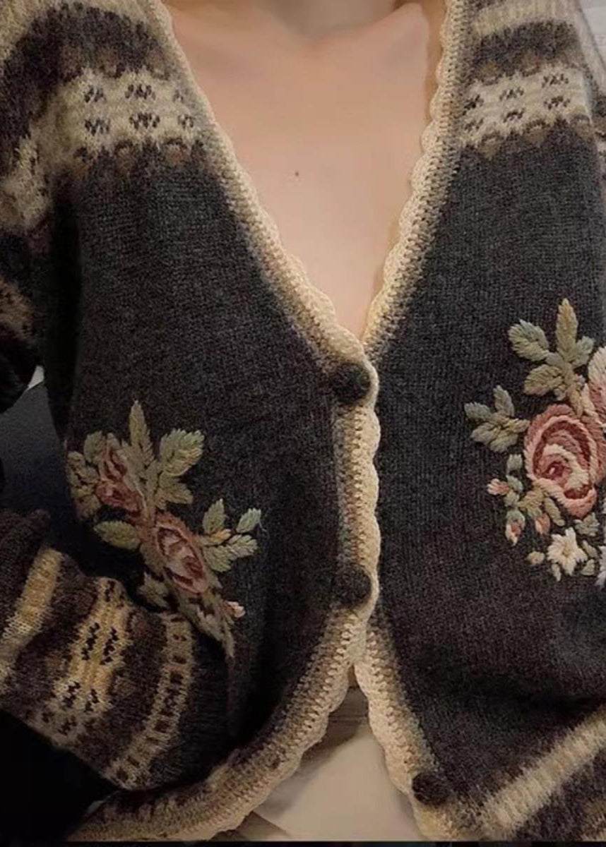 Fitted Grey Embroidered Floral Knit Cardigans Spring