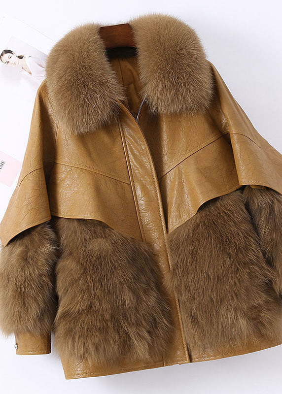 Fitted Khaki Zip Up Fox fur Patchwork Leather Puffer Jacket Winter