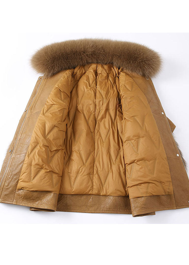 Fitted Khaki Zip Up Fox fur Patchwork Leather Puffer Jacket Winter