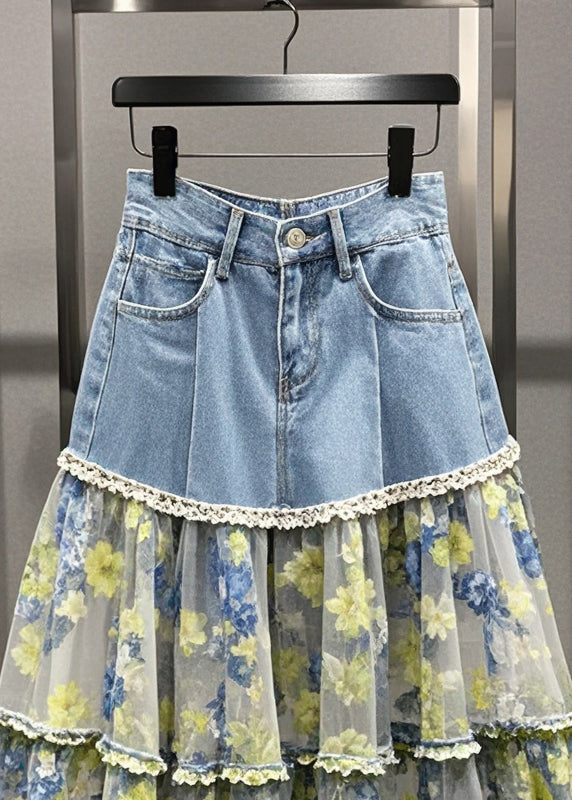 Fitted Light Blue Print Patchwork Tulle Denim Skirt Summer