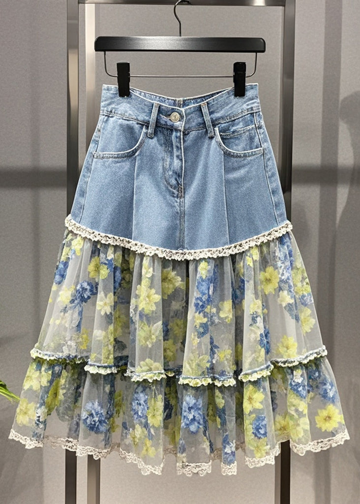 Fitted Light Blue Print Patchwork Tulle Denim Skirt Summer