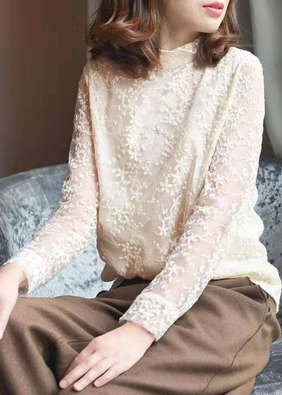 Fitted Milky White zippered Turtle Neck lace Tops Spring