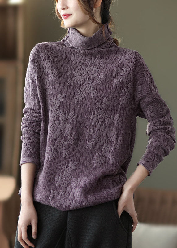 Fitted Purple thick Knit Tops Turtle Neck Spring