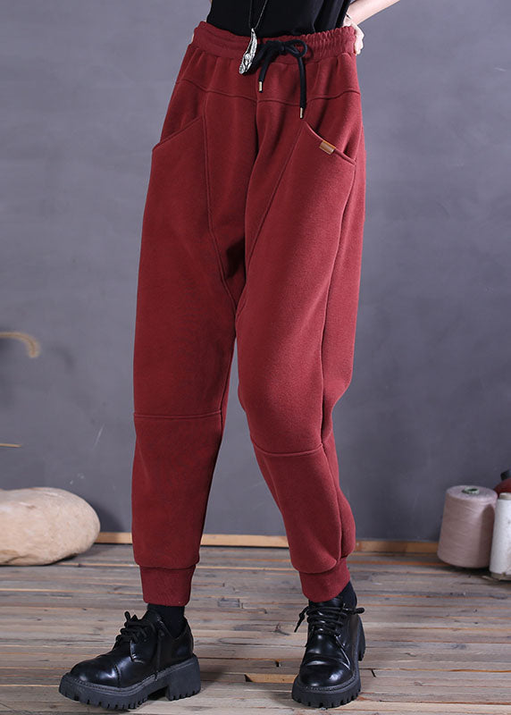 Fitted Red Cinched Pockets Patchwork Warm Fleece Pants Winter