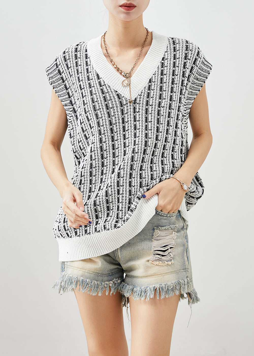 Fitted White V Neck Jacquard Knit Vest Fall