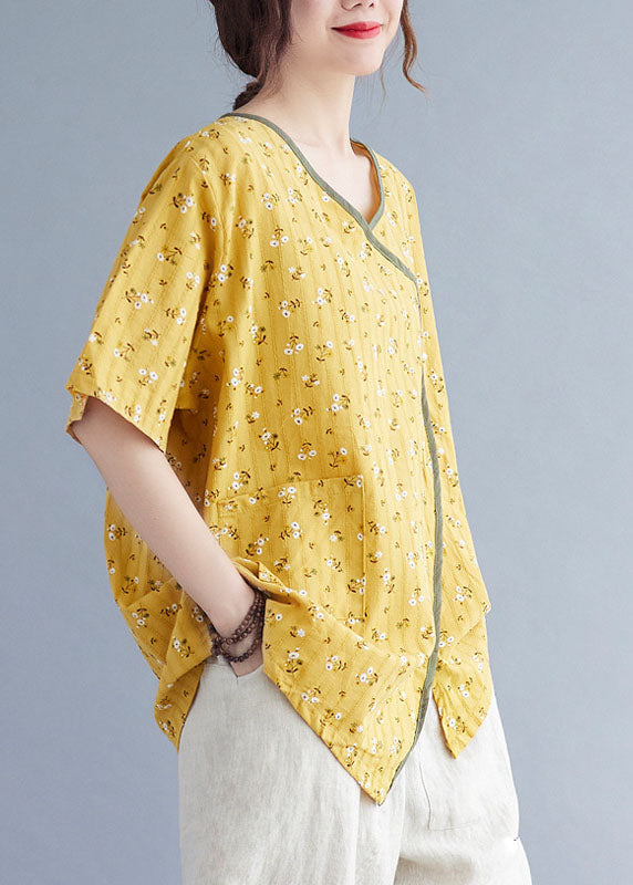 Fitted Yellow Pockets Print asymmetrical design Fall Shirt Tops Half Sleeve