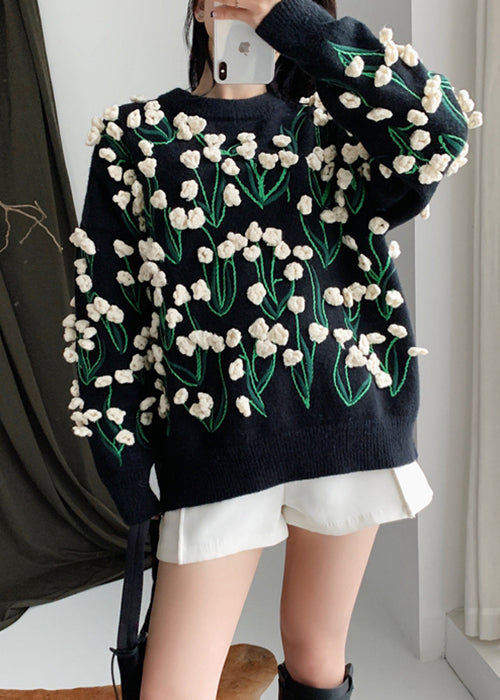 Floral Black O Neck Cozy Cotton Knit Sweater Spring