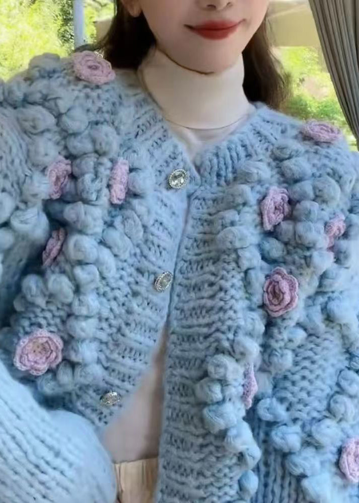 Floral Blue O Neck Button Cozy Knit Coat Spring