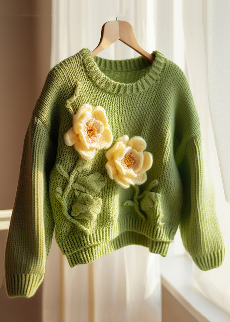 Floral Green O Neck Hollow Out Knit Sweater Fall