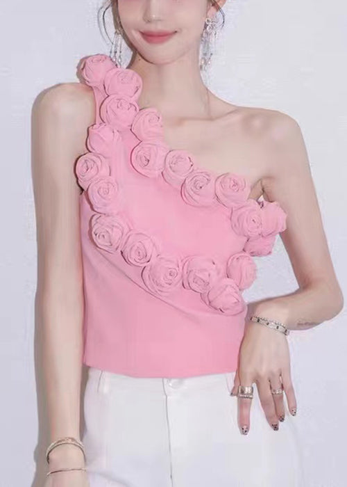 Floral Pink One-Shoulder Solid Cotton Tank Sleeveless