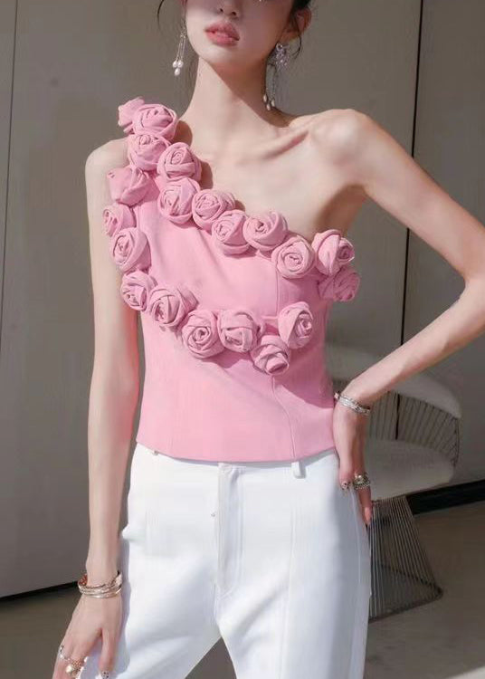 Floral Pink One-Shoulder Solid Cotton Tank Sleeveless