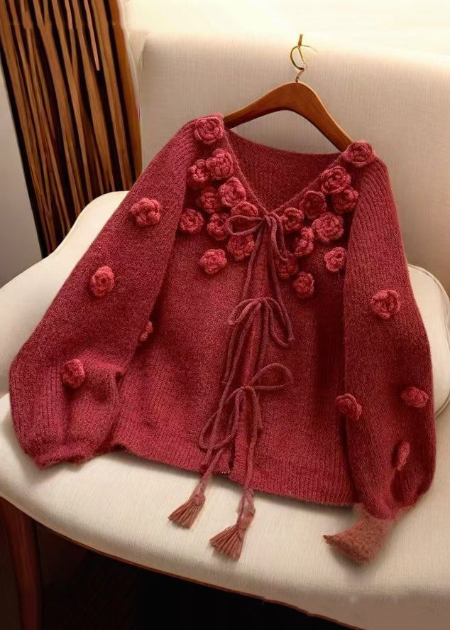 Floral Red V Neck Lace Up Knit Cardigan Spring