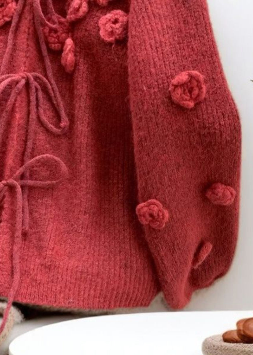 Floral Red V Neck Lace Up Knit Cardigan Spring