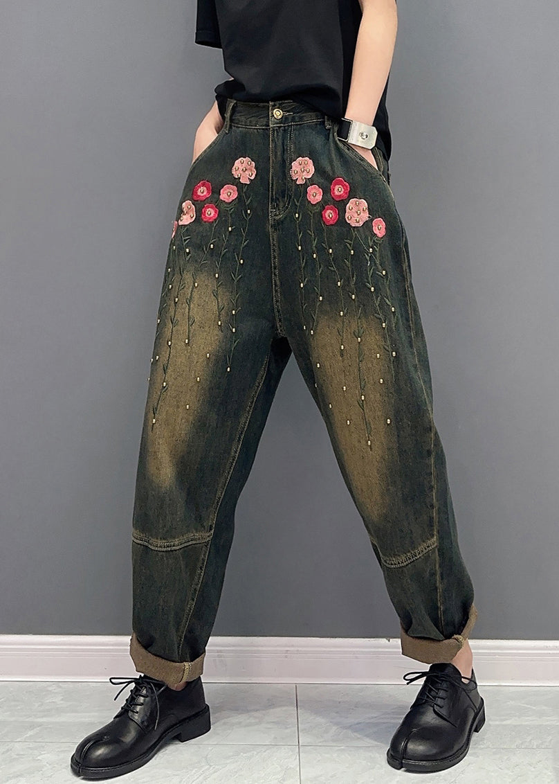 Floral Rivet Patchwork Denim Pockets Harem Pants Fall