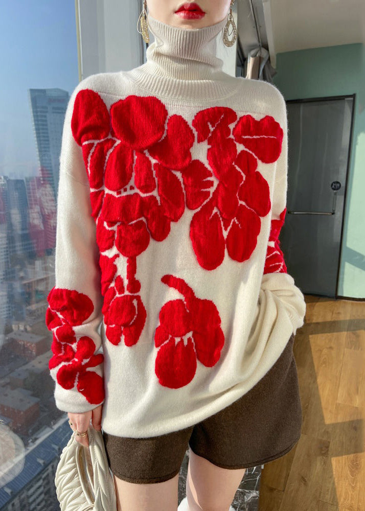 Floral White Turtleneck Patchwork Cotton Wool Knit Shirts Long Sleeve