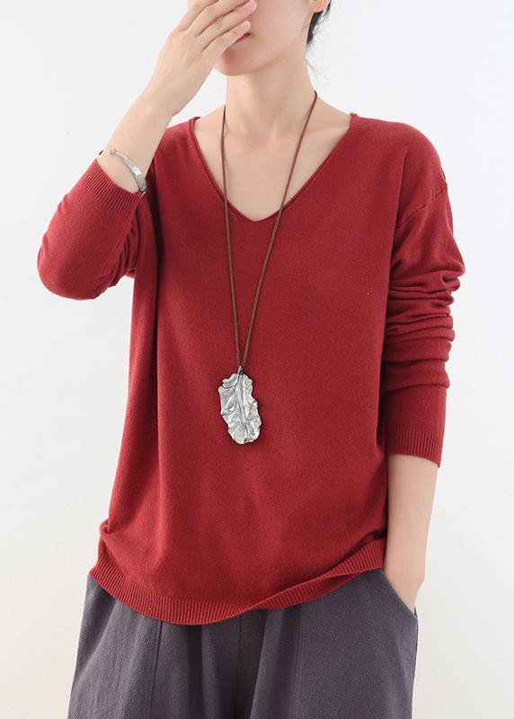 For Spring fall red knitted blouse fashion v neck knitted top