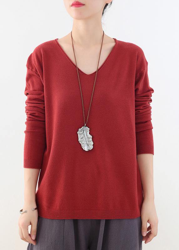 For Spring fall red knitted blouse fashion v neck knitted top